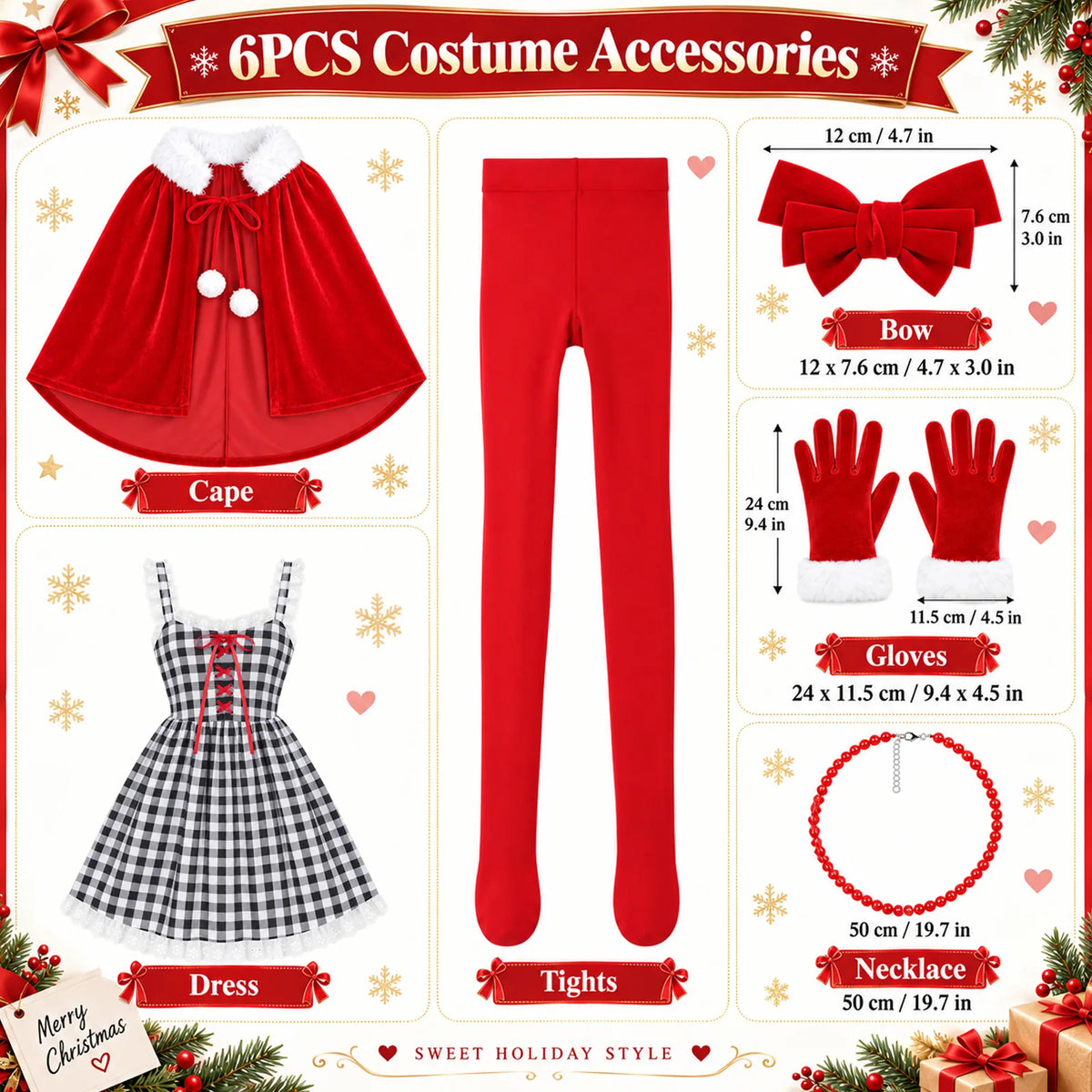 The six-piece costume graphic labels the included accessories and their measurements.