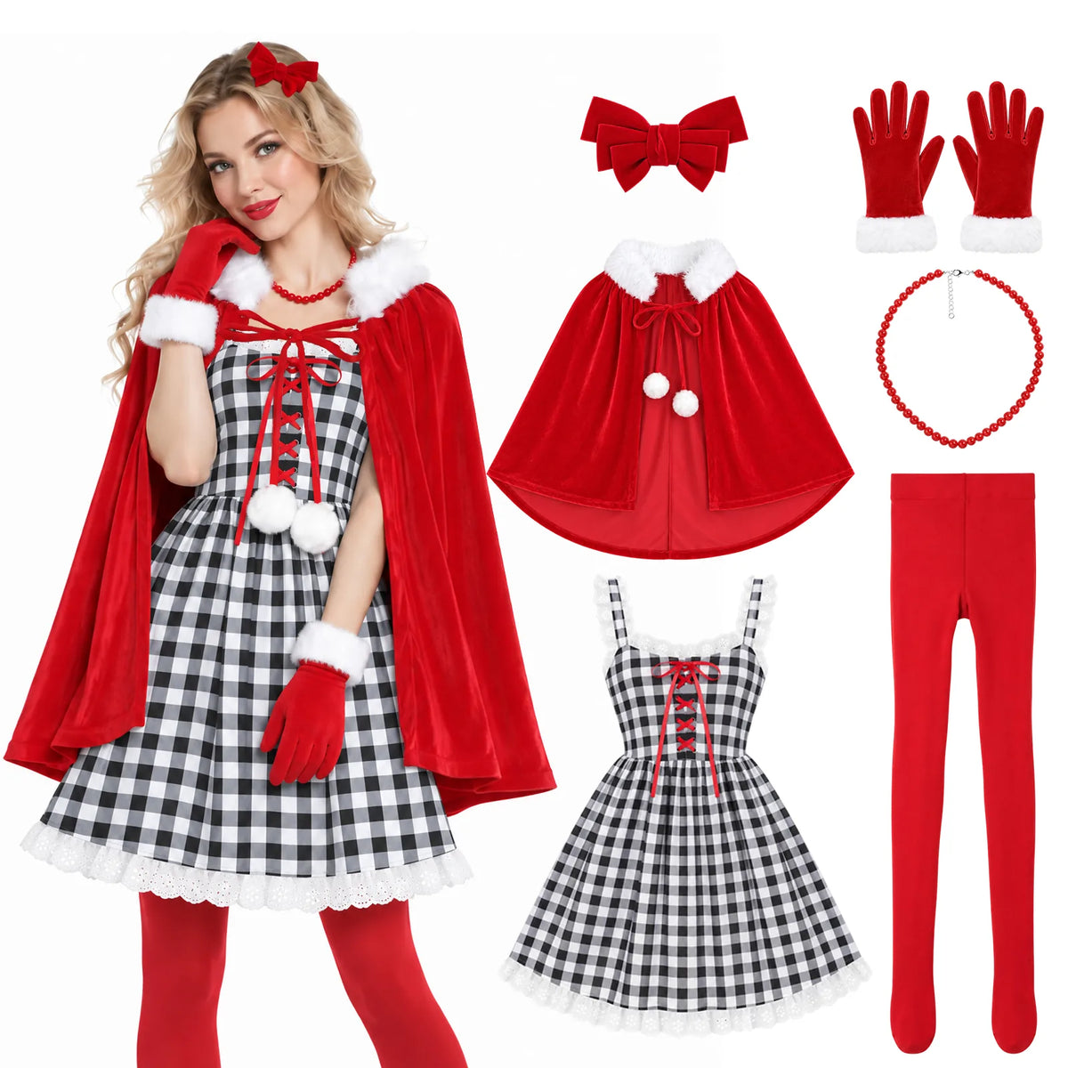 A closer model view shows the plaid dress alongside the red cape and accessories.