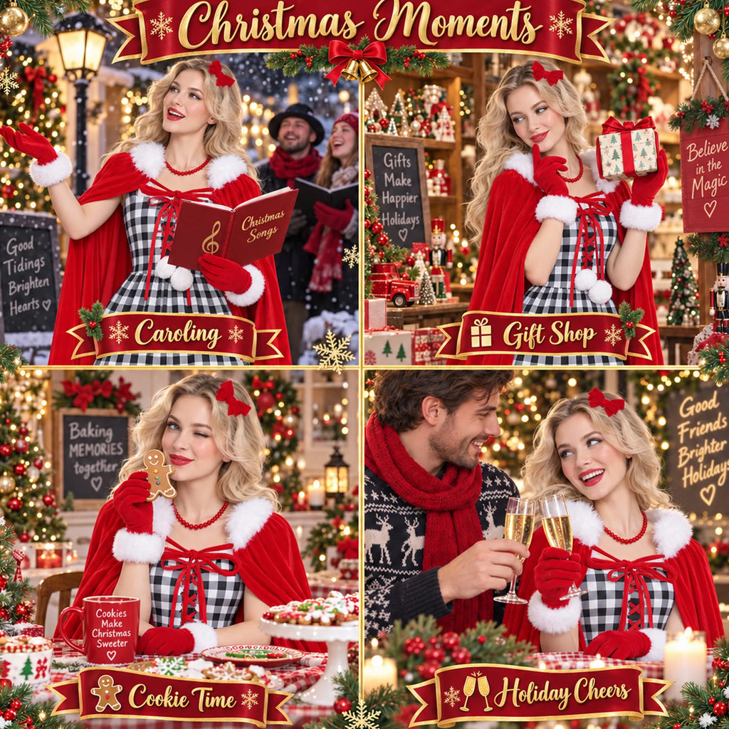 Four scenes show the plaid costume at caroling, shopping, cookies and a celebration.