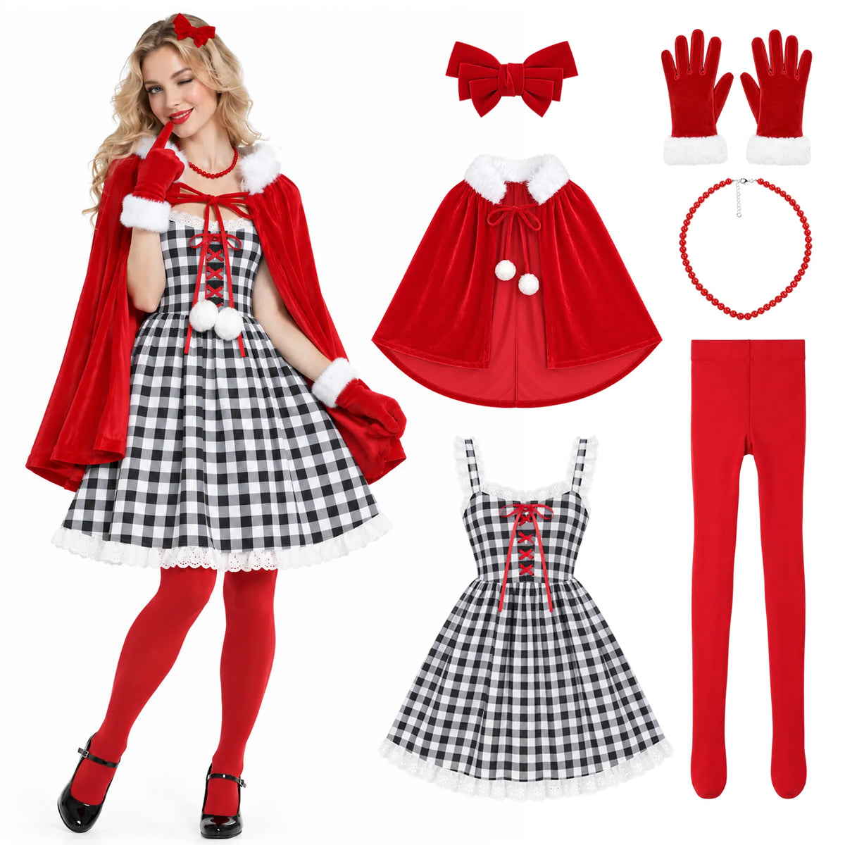A model wears the plaid dress and red cape beside the six costume pieces.