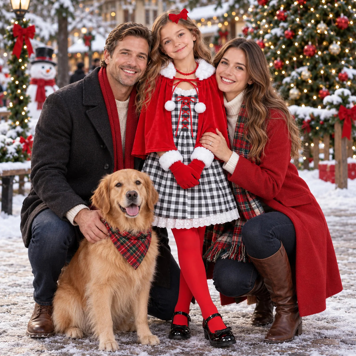 A girl wears the plaid costume outdoors with two adults and a dog.
