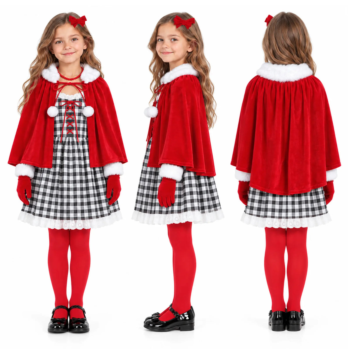 Front, side and back views show a girl wearing the red cape and plaid dress.