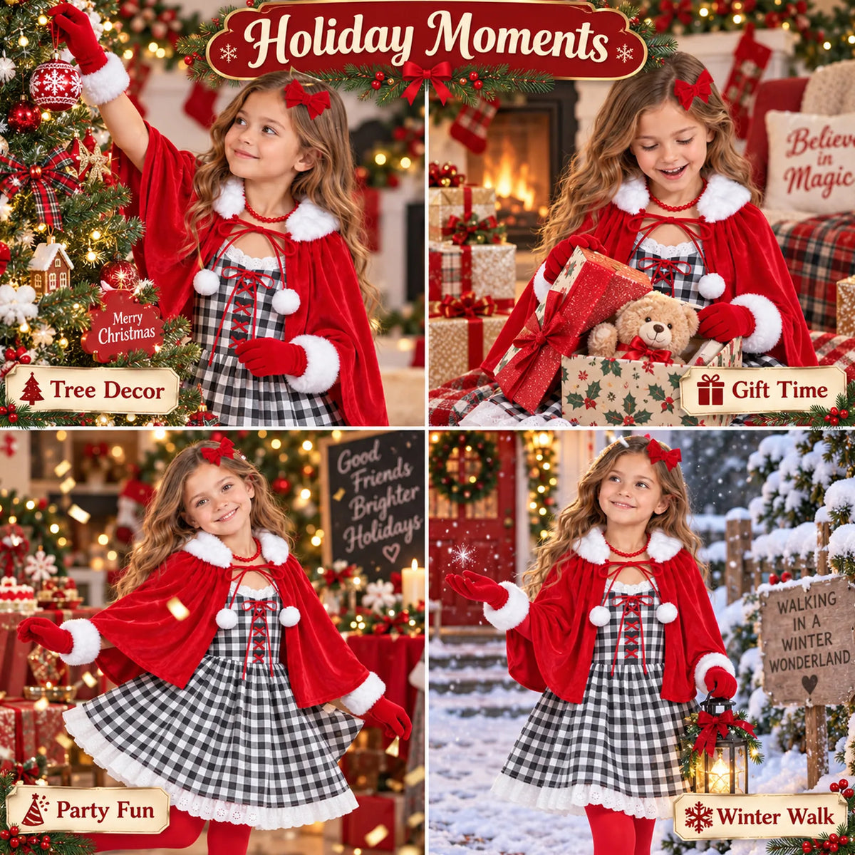Four scenes show the girl in costume decorating a tree, opening a gift and outdoors.