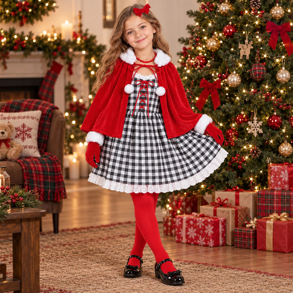 A girl in the plaid dress and red cape stands beside a decorated Christmas tree.