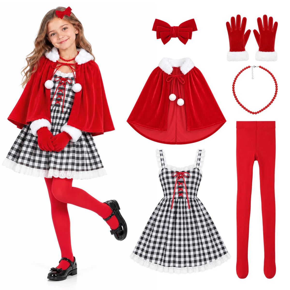 A girl wears the plaid dress and red cape beside the included costume pieces.
