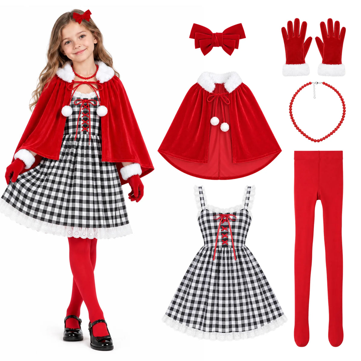 A girl stands in the plaid costume beside its dress, cape and accessories.