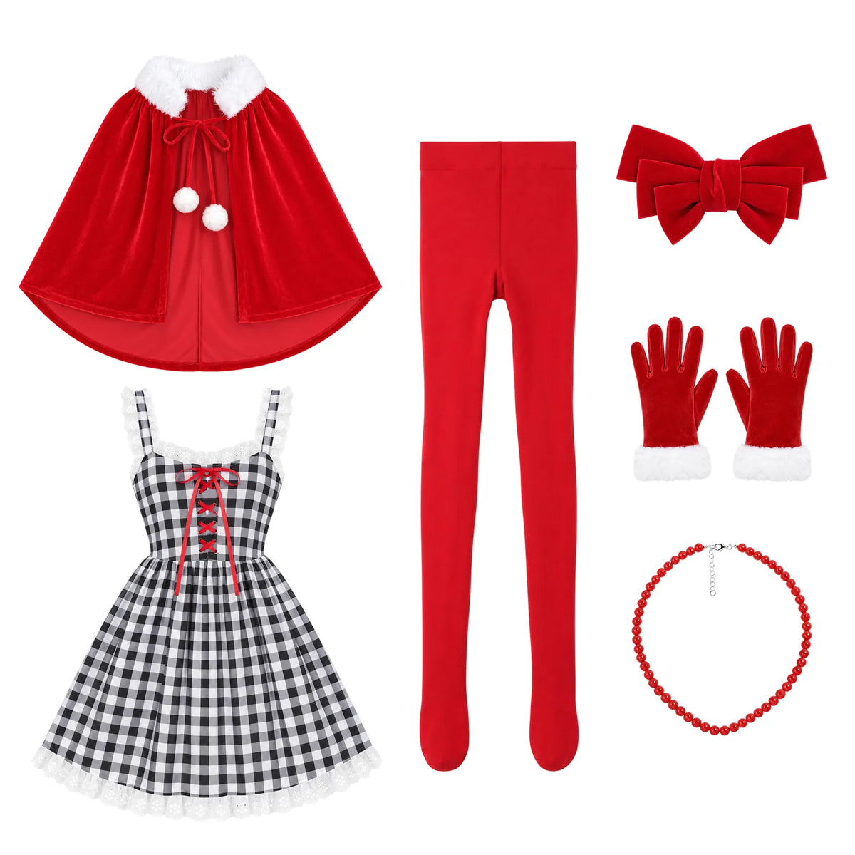The plaid dress is displayed with the cape, tights, bow, gloves and necklace.