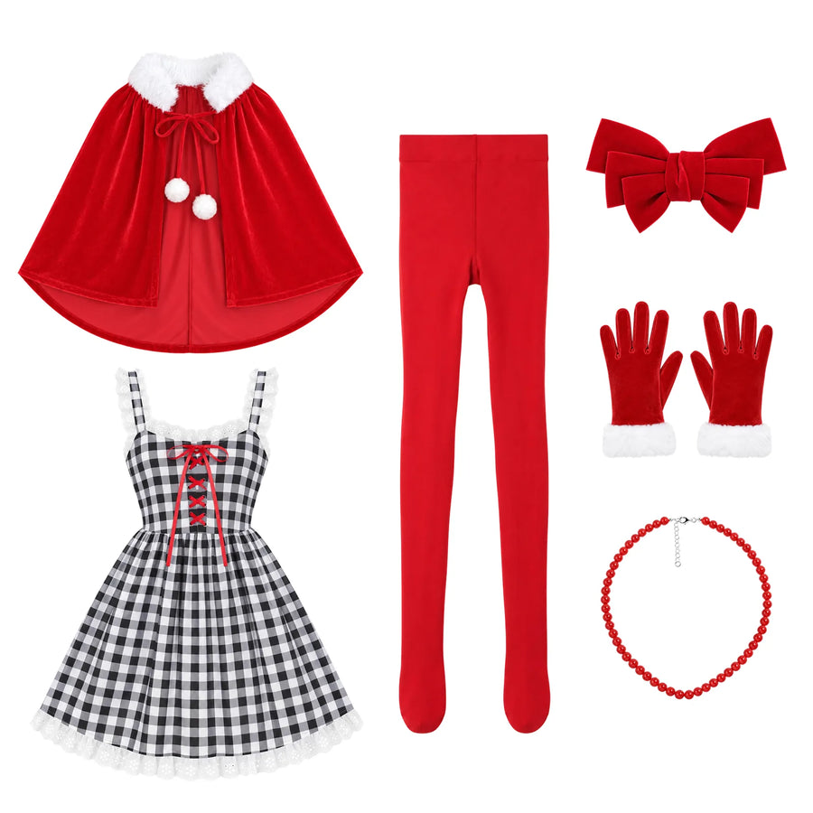 The plaid dress is displayed with the cape, tights, bow, gloves and necklace.