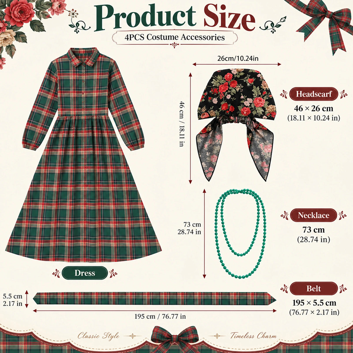 Included plaid dress accessories shown with measurements for the floral headscarf, necklace and separate belt.