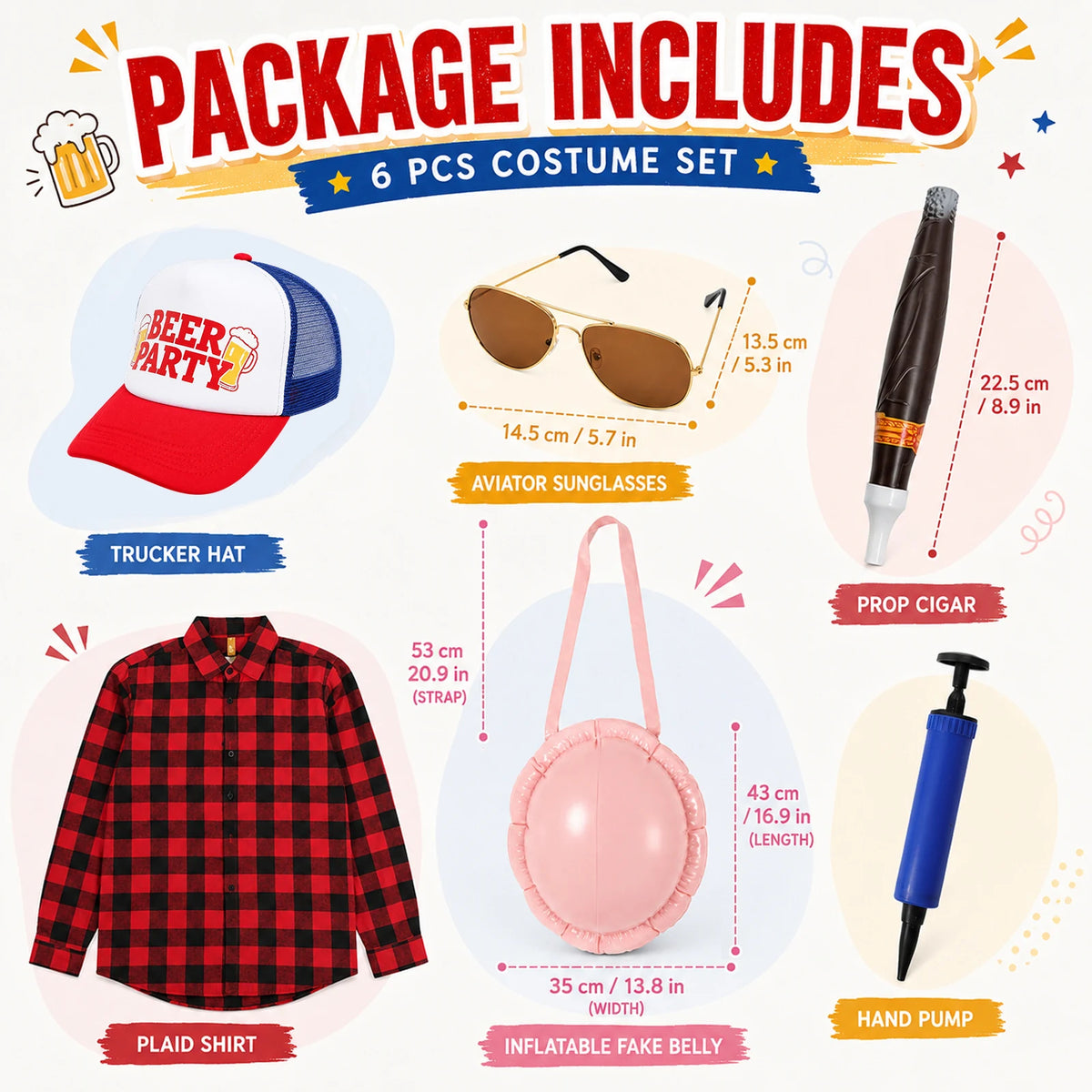 Six costume items are labeled with the belly, glasses and prop cigar dimensions.