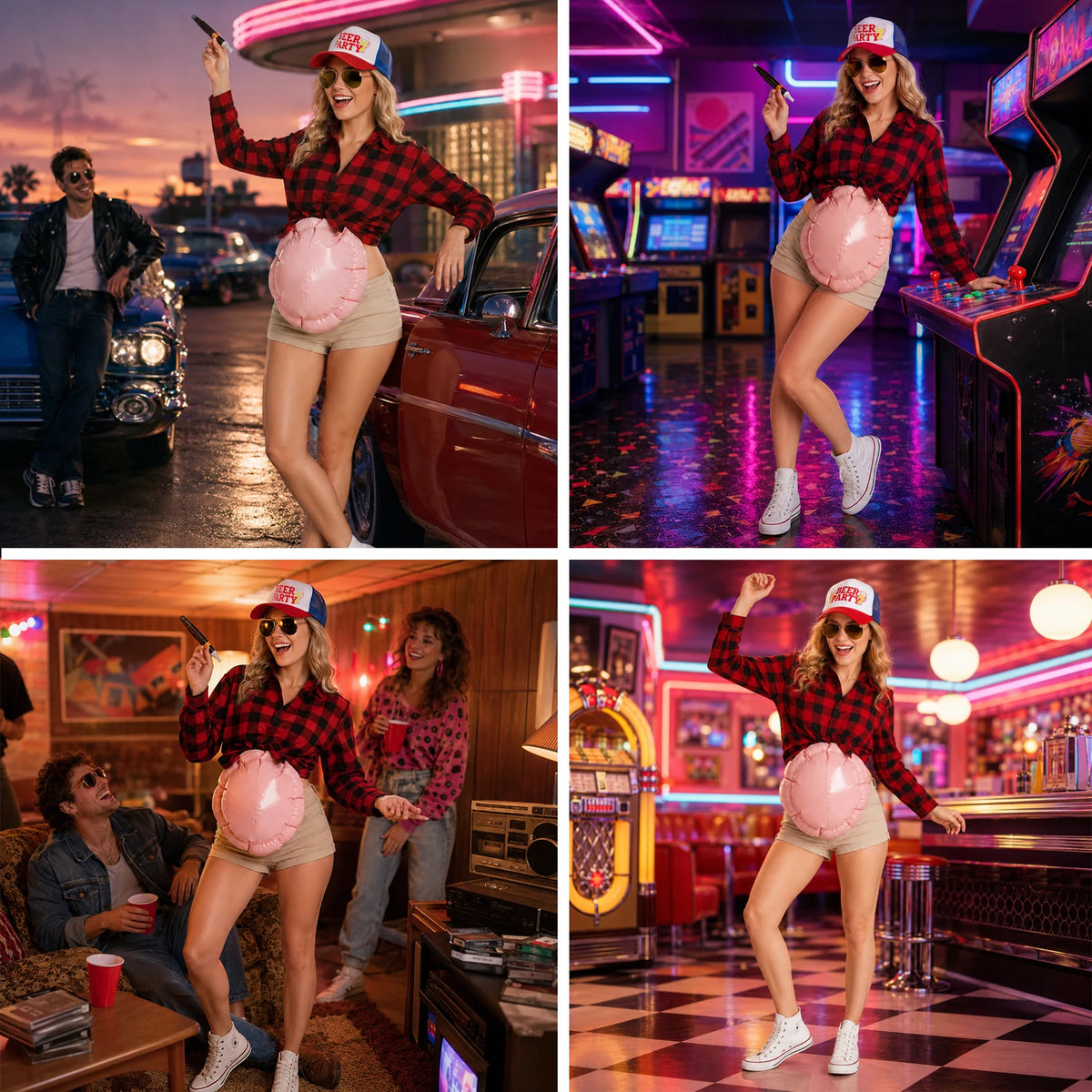 Woman wears the plaid shirt and belly costume in four party and arcade scenes.
