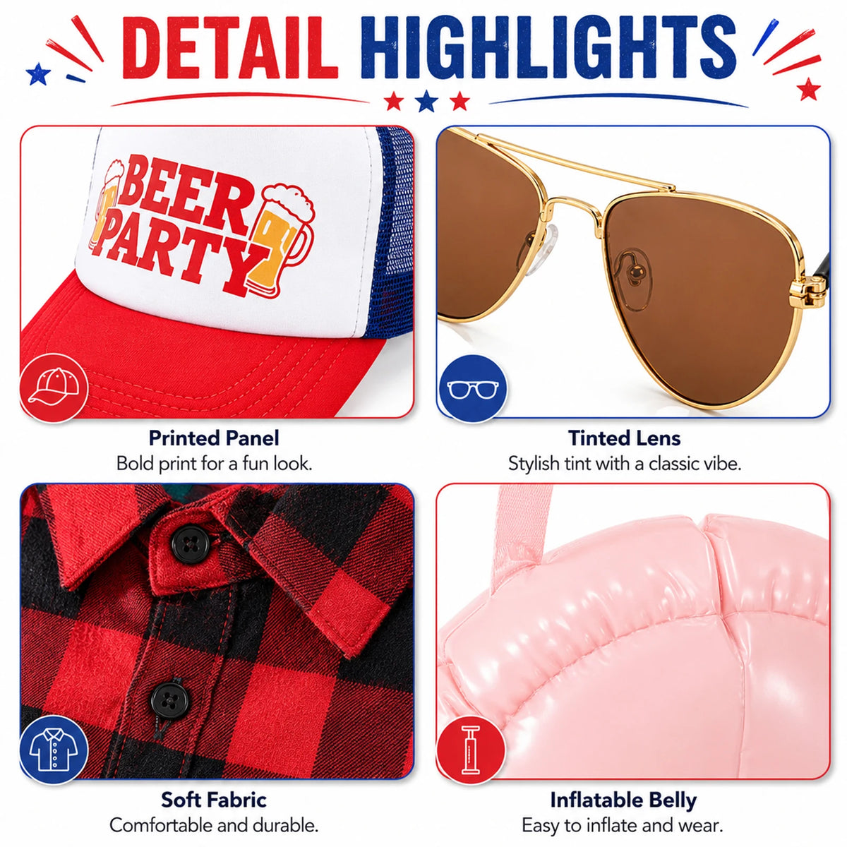 Close-ups show the printed cap, tinted glasses, plaid shirt collar and inflatable belly.