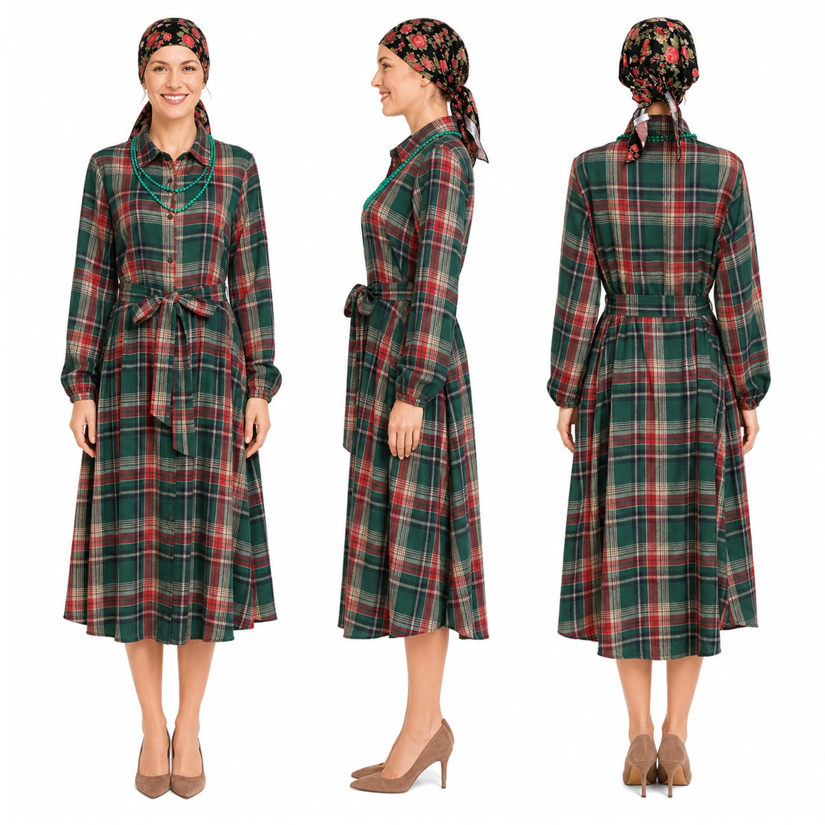 Front, side and back views of the plaid shirt dress with the belt tied at the waist.