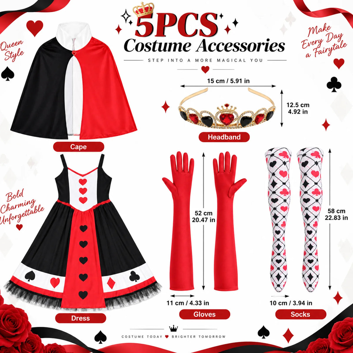 The accessory guide shows the verified dimensions of the included costume accessories.