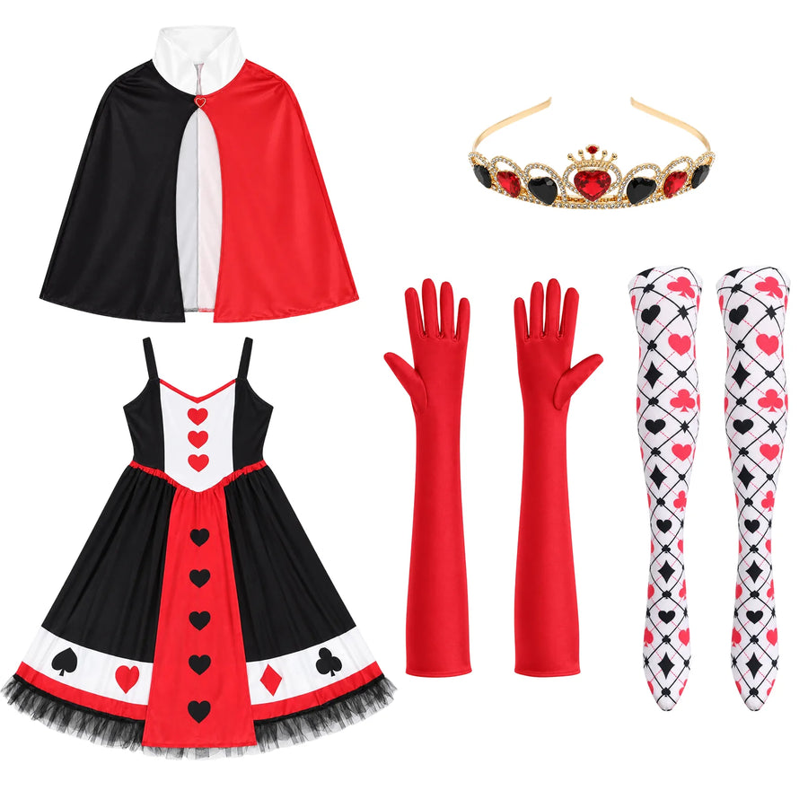 The Queen of Hearts-inspired dress, cape, red gloves, patterned socks and jeweled crown headband are arranged together.