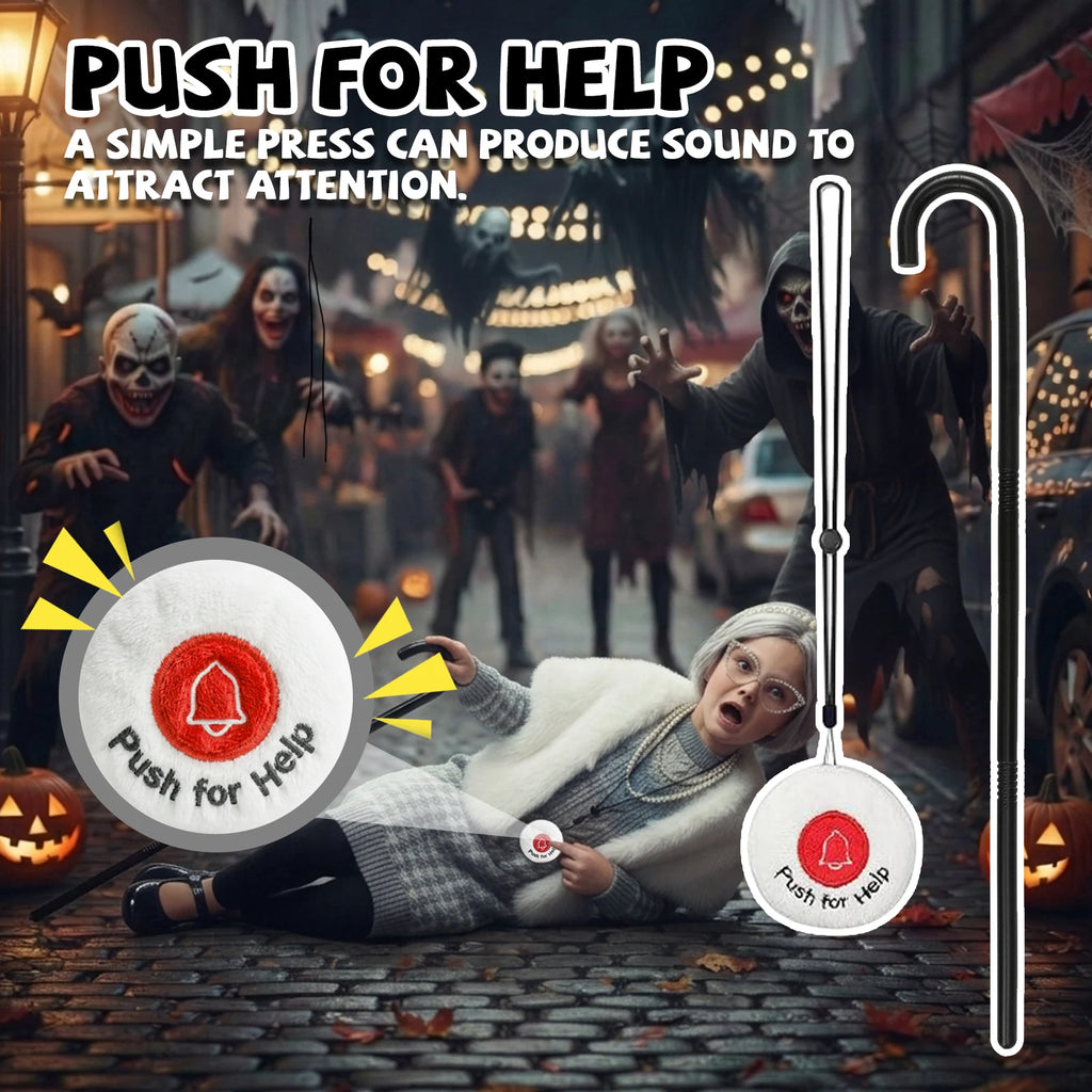 A clear product view presents a plush push-for-help pendant with adjustable black neck cord, with the black cane and round push-for-help pendant clearly visible.
