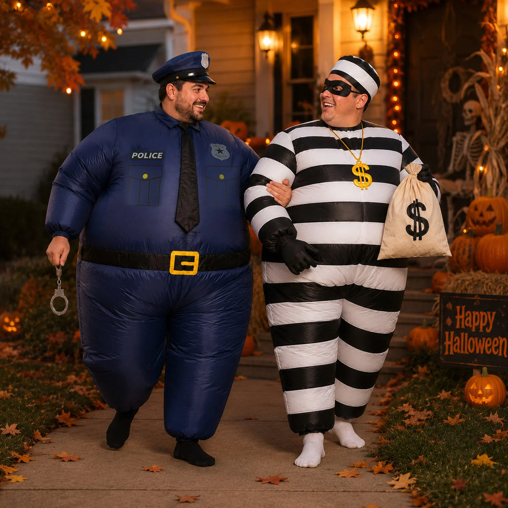 Inflatable police and prisoner costumes walking together through a decorated Halloween scene