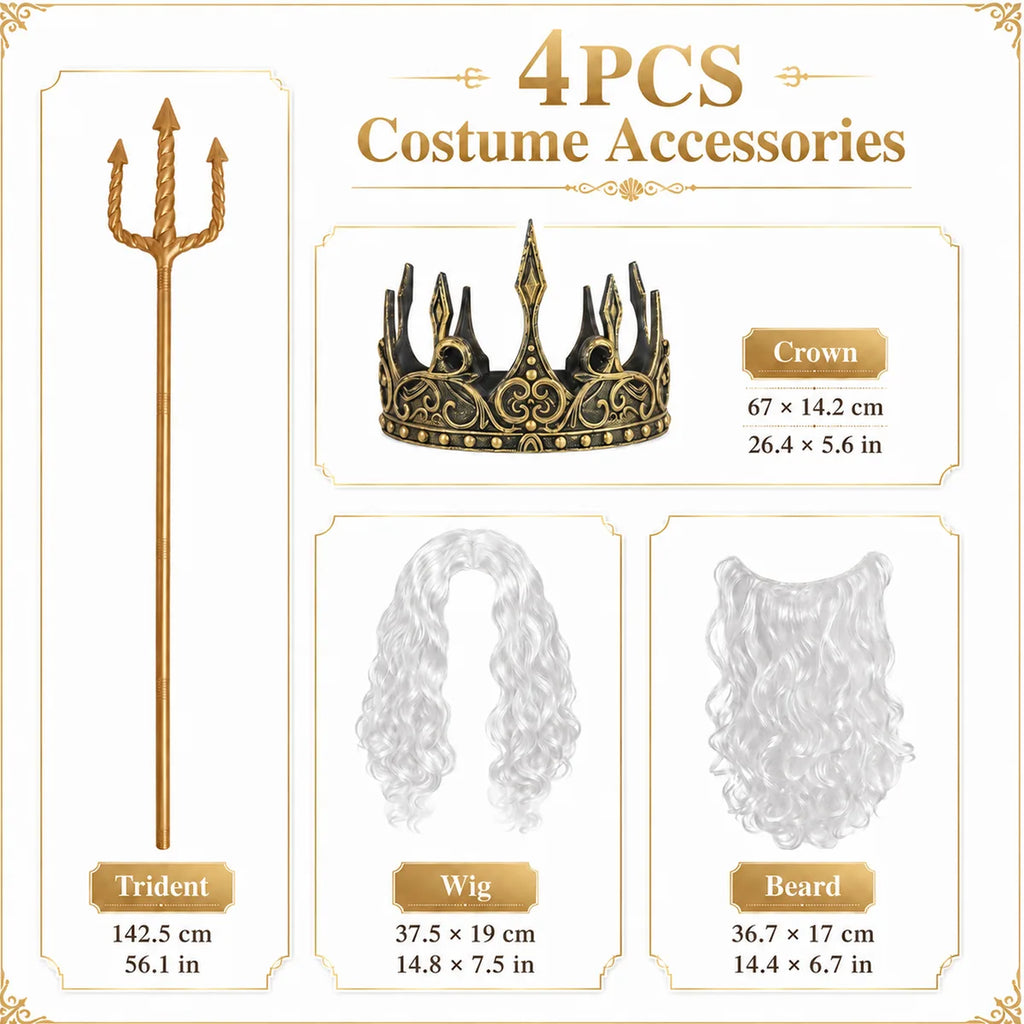 Four-piece Poseidon accessory set with trident, crown, wig and beard dimensions