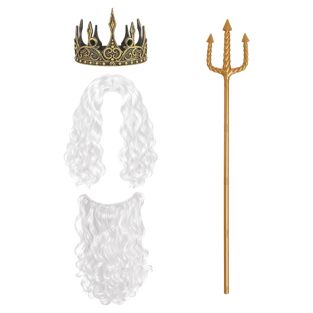 Gold sectional trident, ornate crown, white curly wig and matching beard