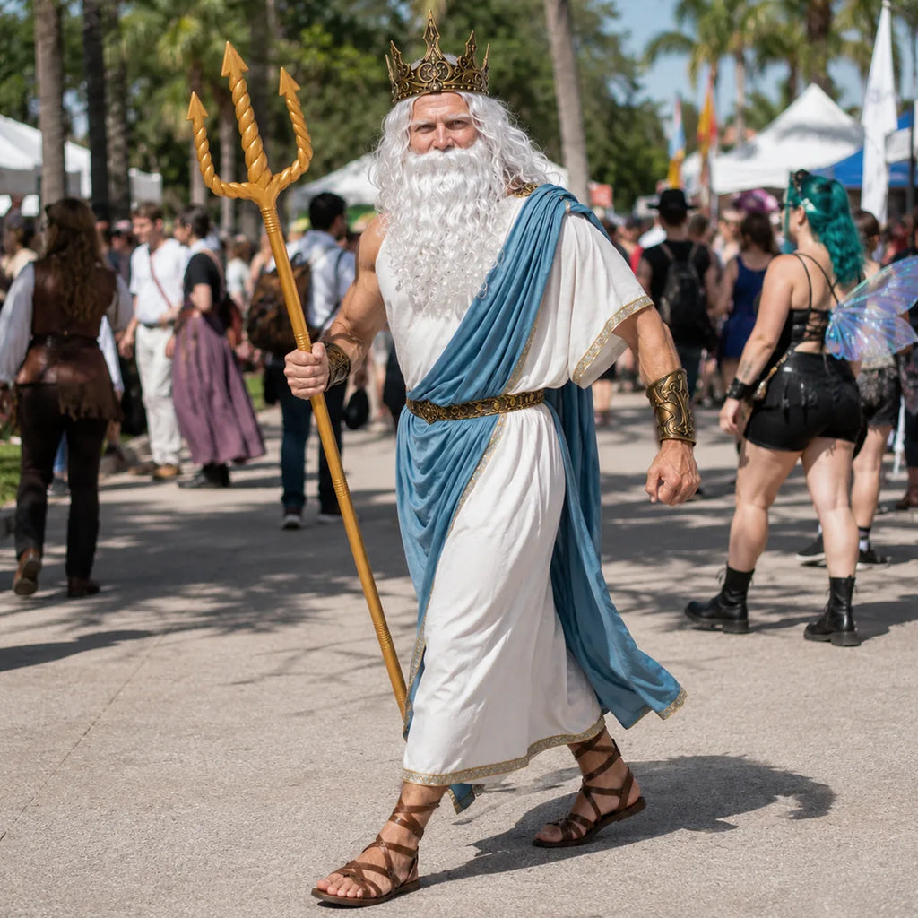 Adult sea-god costume styled with gold trident, crown, white wig and beard outdoors