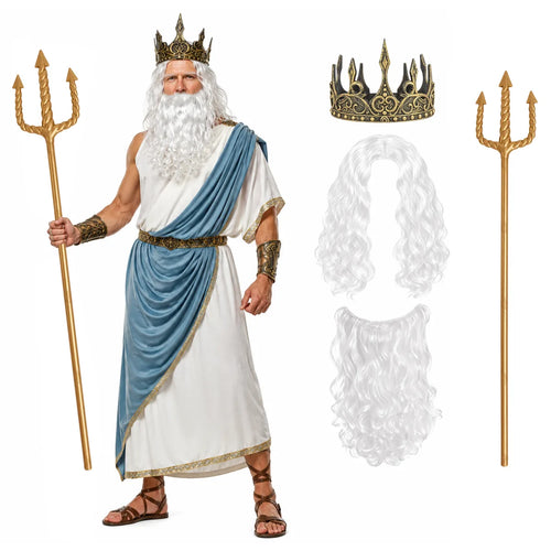 Adult Poseidon costume accessories with gold trident, crown, white wig and beard