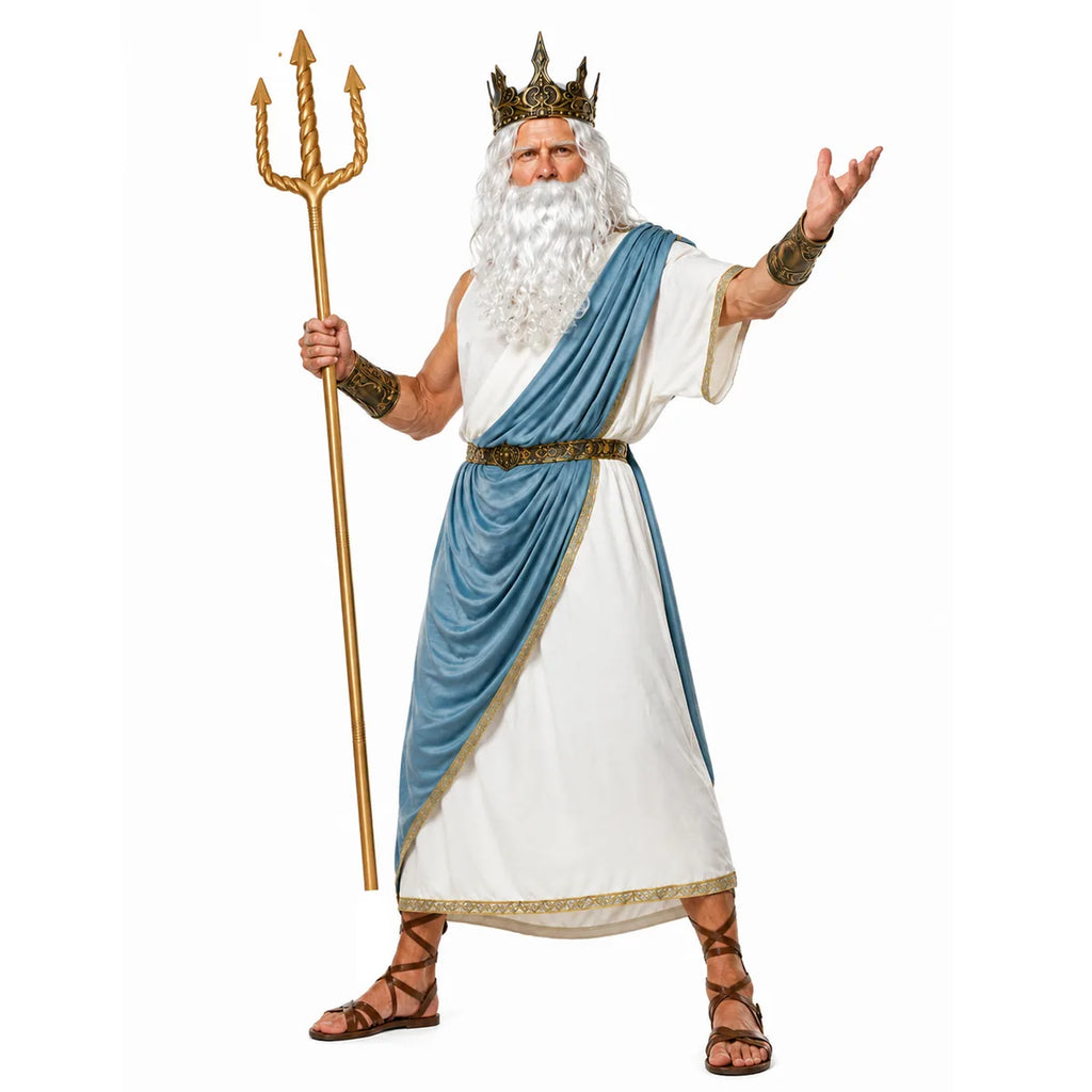 Gold trident, black-and-gold crown, white wig and beard styled with an adult sea-god costume