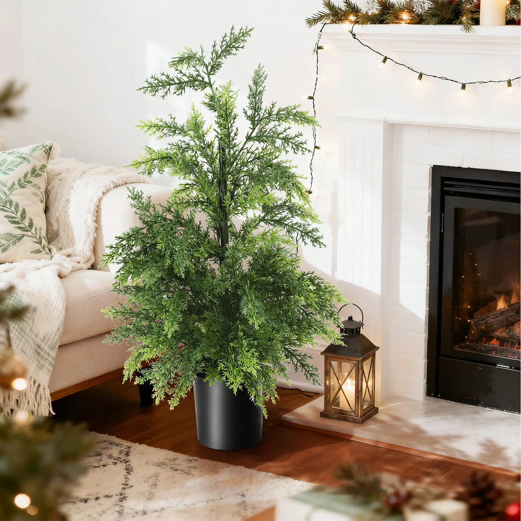 The potted 60 cm Christmas tree sits beside a lantern near a fireplace.