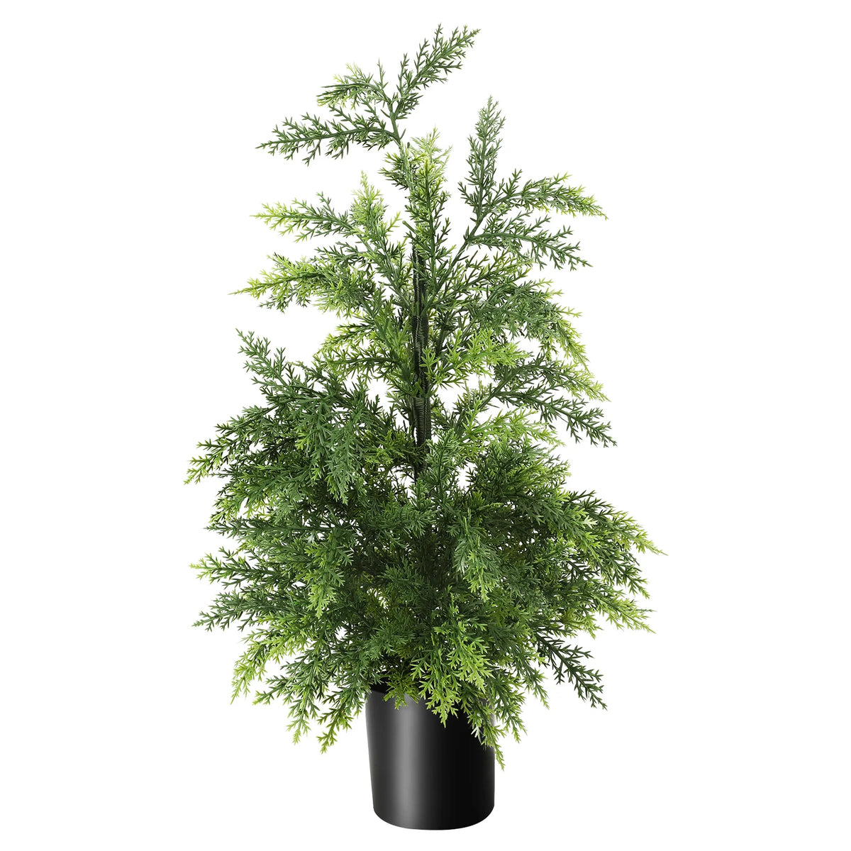 A 60 cm artificial Christmas tree stands in a black pot against white.
