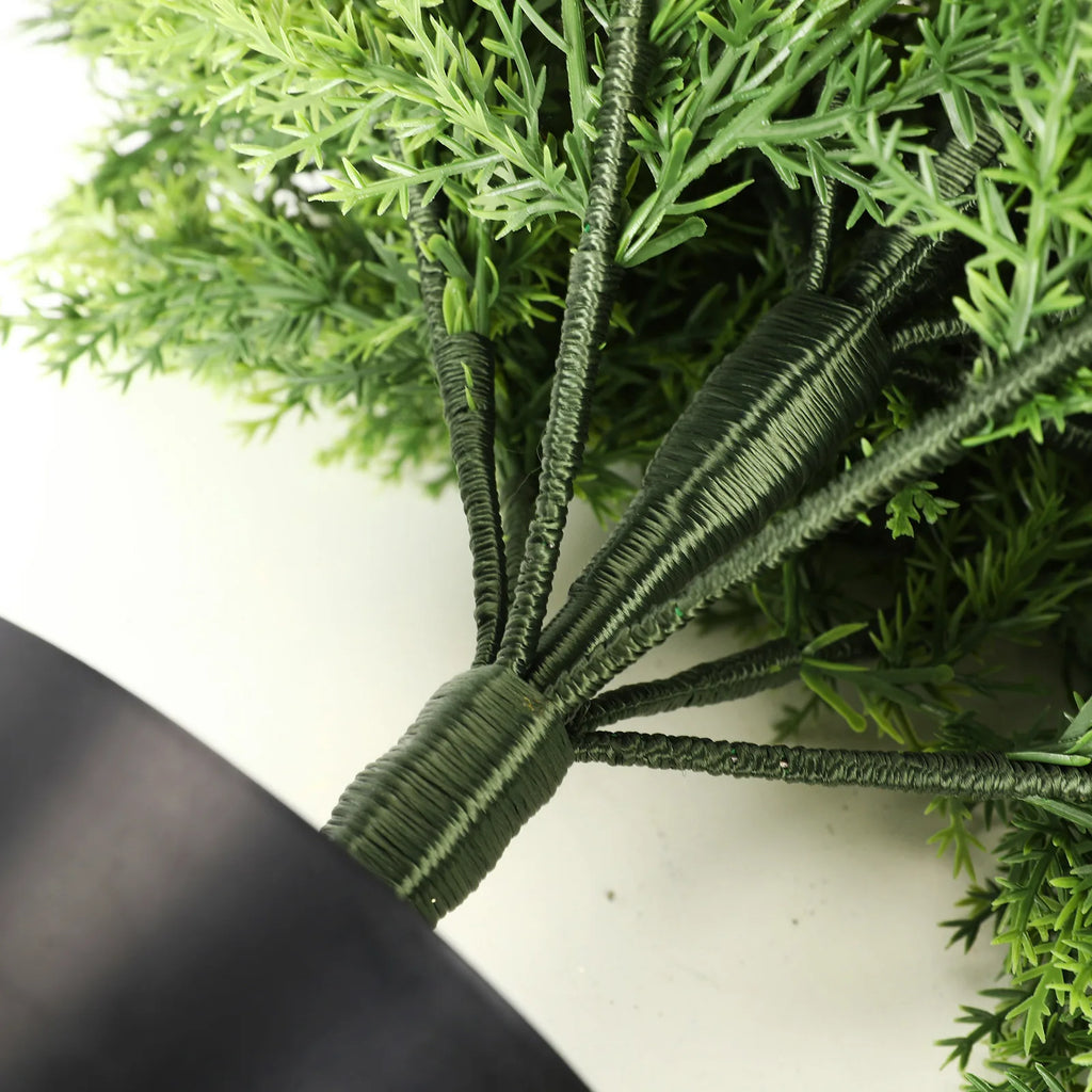 A close view shows wrapped stems joining above the black tree pot.
