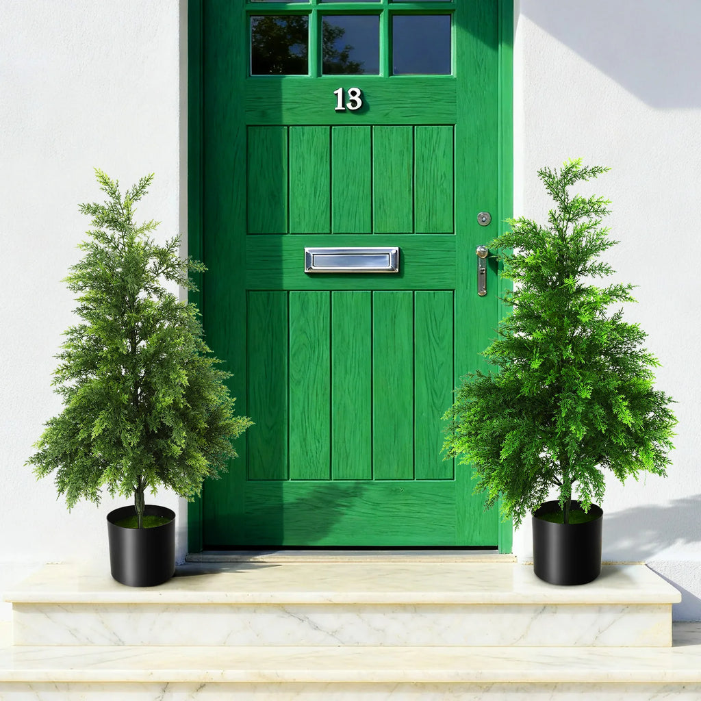 Two potted trees are styled on either side of a green front door.