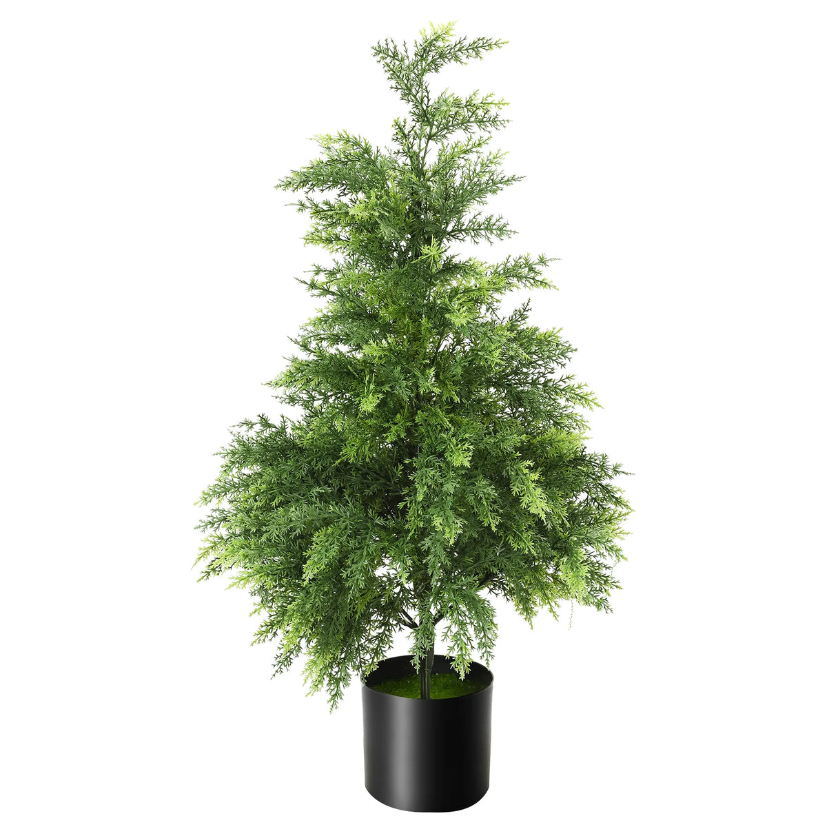A 90 cm artificial Christmas tree stands in a black pot against white.