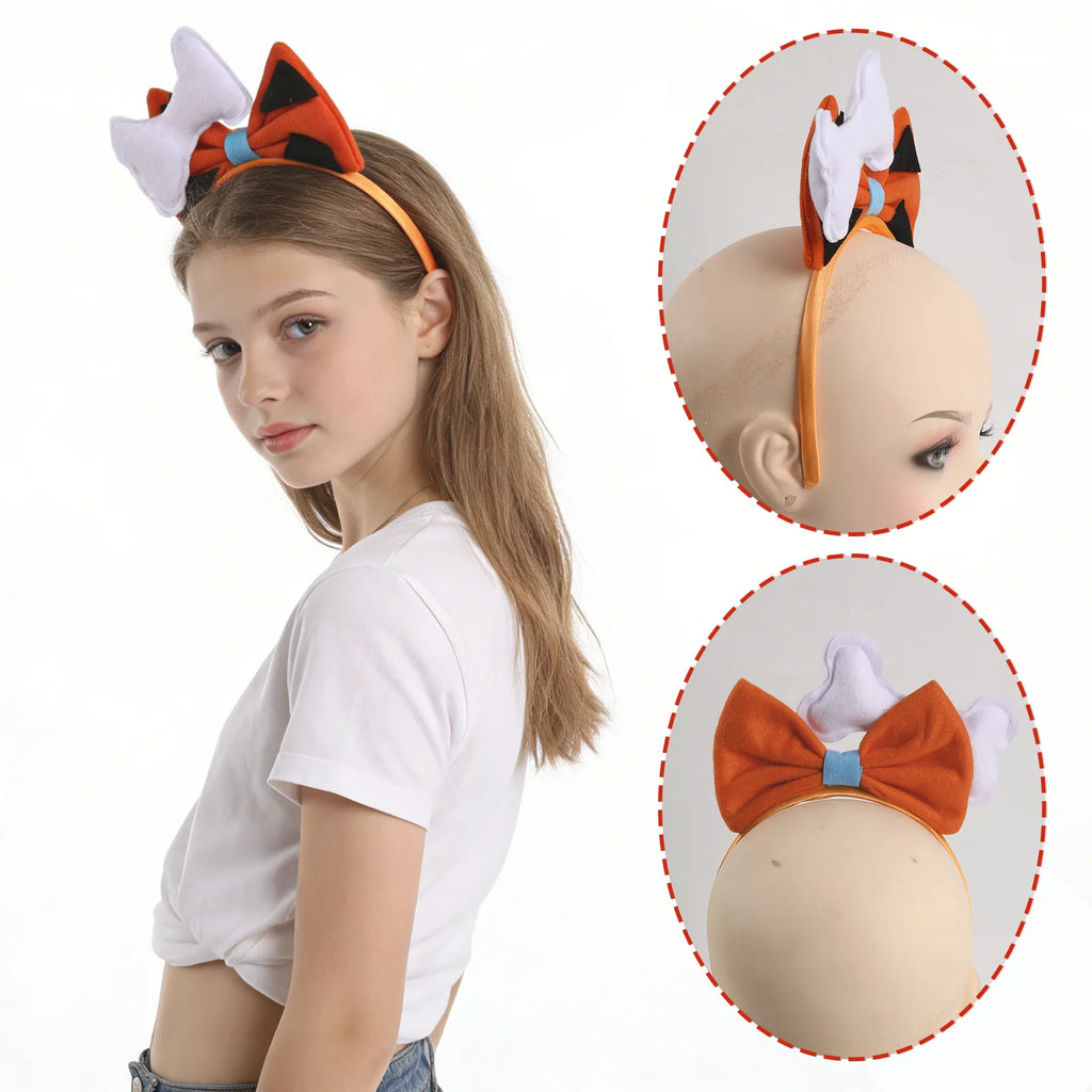 Prehistoric bone bow headband is shown from the back, with the orange bow, black triangular spots and white bone decoration visible.