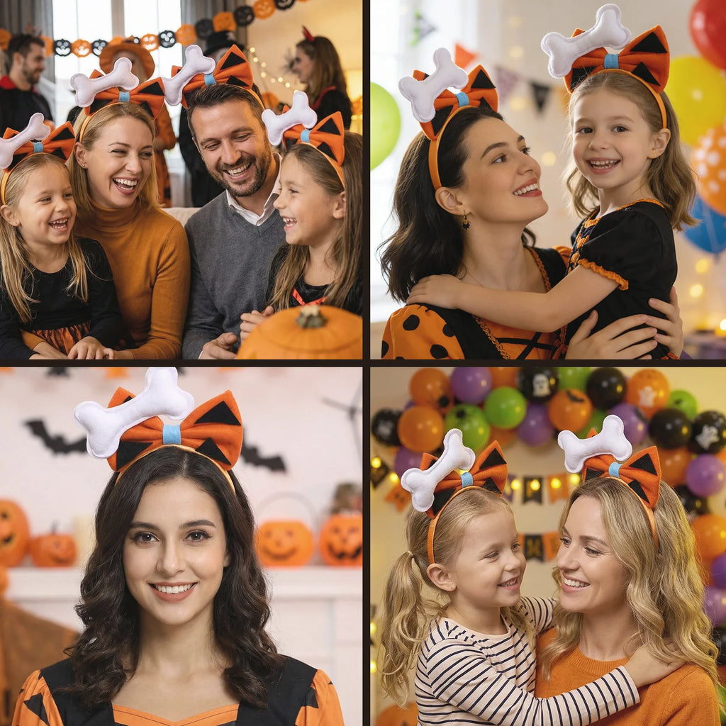 A themed setting presents prehistoric orange bow headband group costume scene, with the orange bow, black triangular spots and white bone decoration clearly visible.