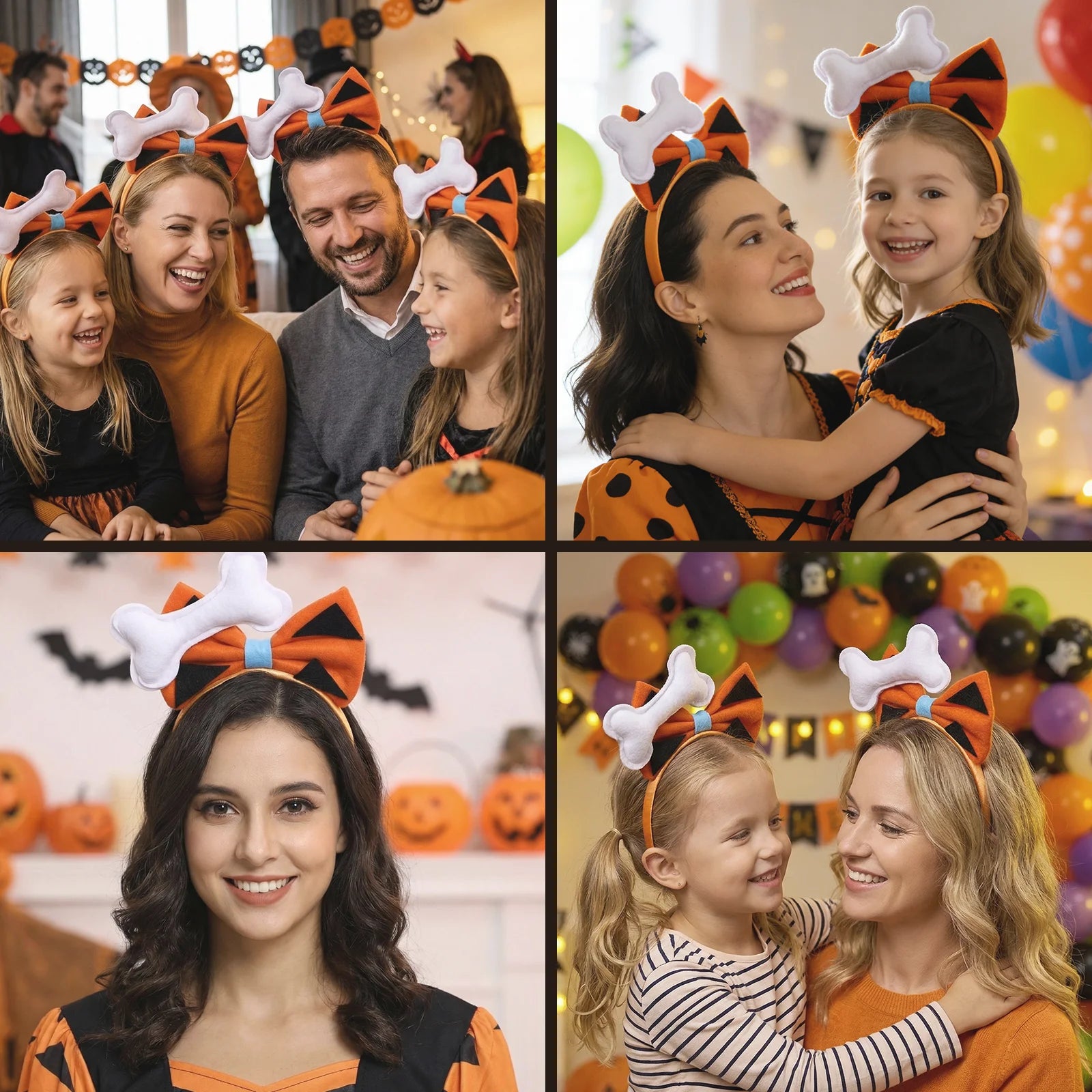 A themed setting presents prehistoric orange bow headband group costume scene, with the orange bow, black triangular spots and white bone decoration clearly visible.