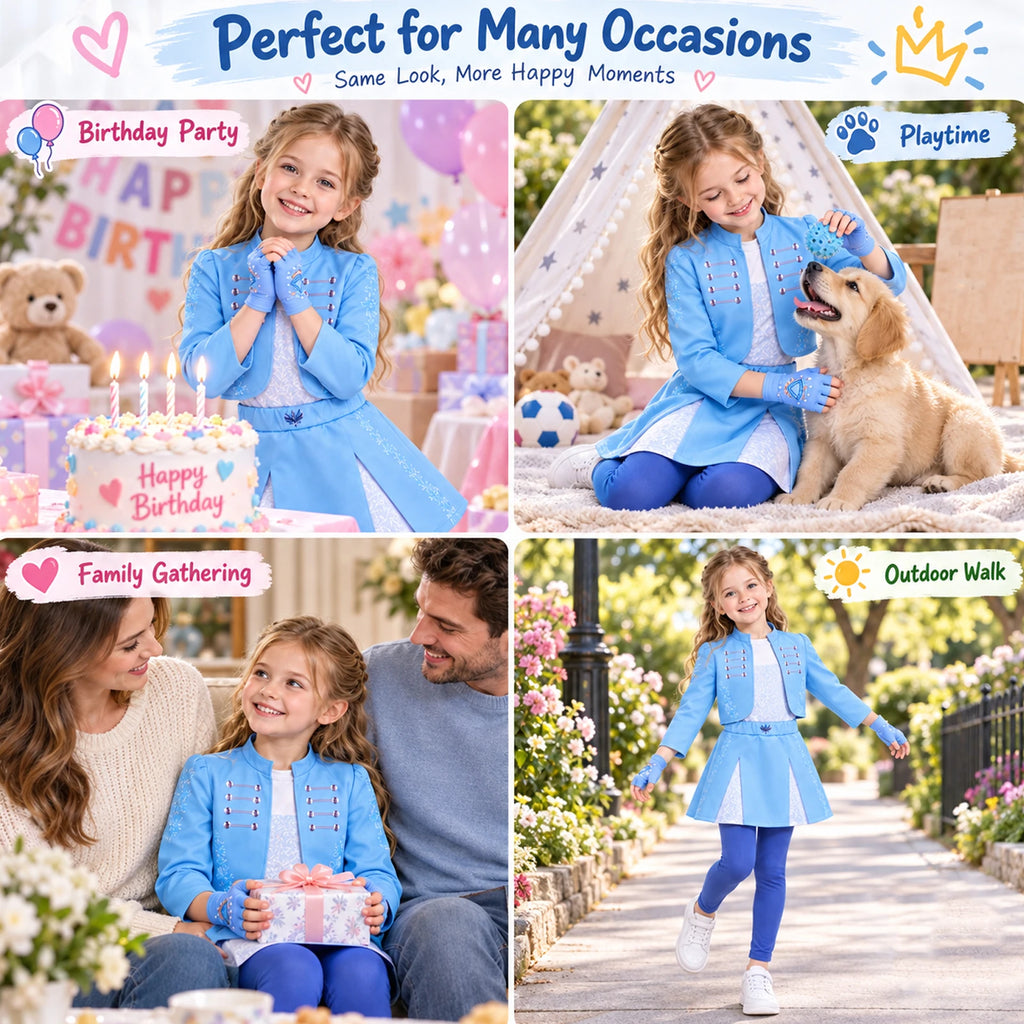 A collage shows the princess costume set inspired by Descendants in birthday, playtime, family and outdoor scenes.