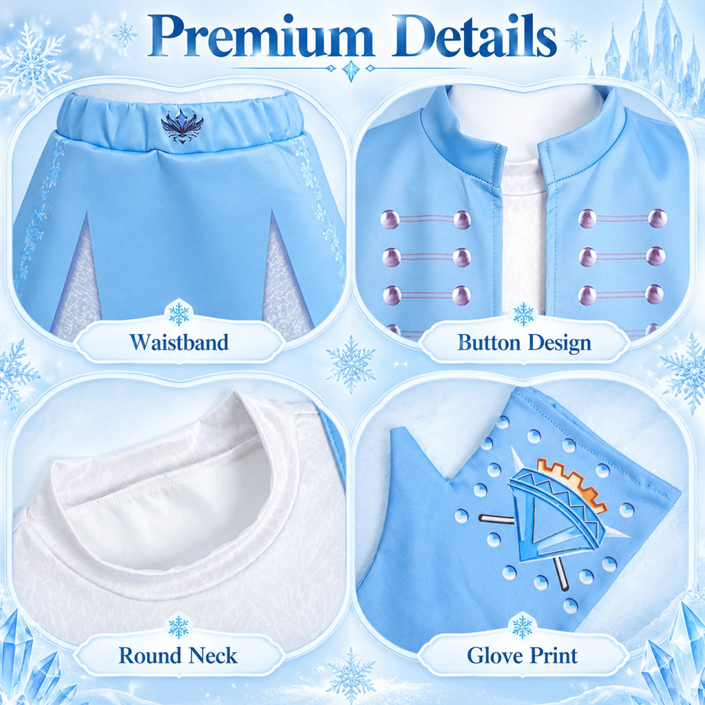 Detail panels show decorative jacket buttons, a round neckline, waistband and printed gloves on the princess costume set inspired by Descendants.
