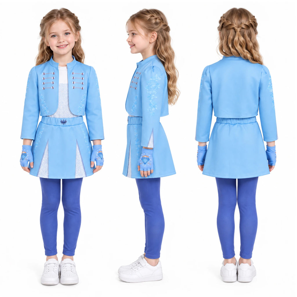 Front, side and back views of the princess costume set inspired by Descendants show the blue jacket and skirted pants silhouette.