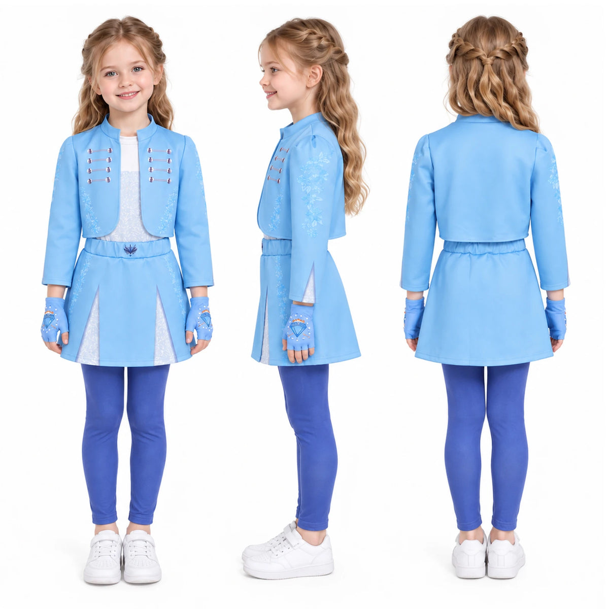 Front, side and back views of the princess costume set inspired by Descendants show the blue jacket and skirted pants silhouette.
