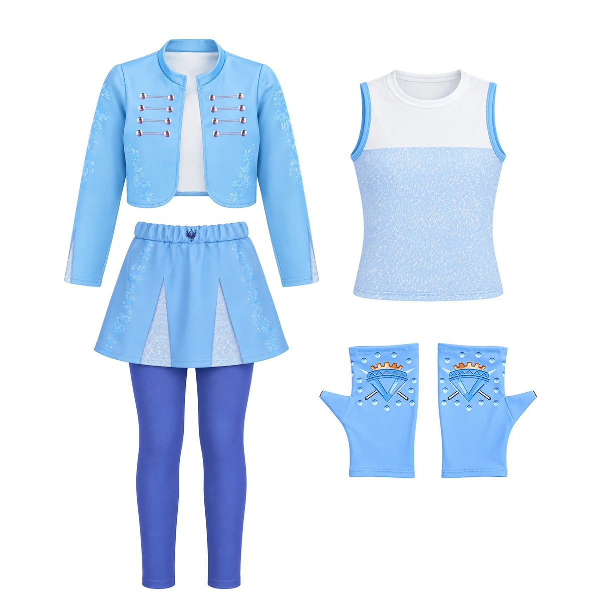 A princess costume set inspired by Descendants is laid out with its blue jacket, sleeveless top, skirted pants and fingerless gloves.