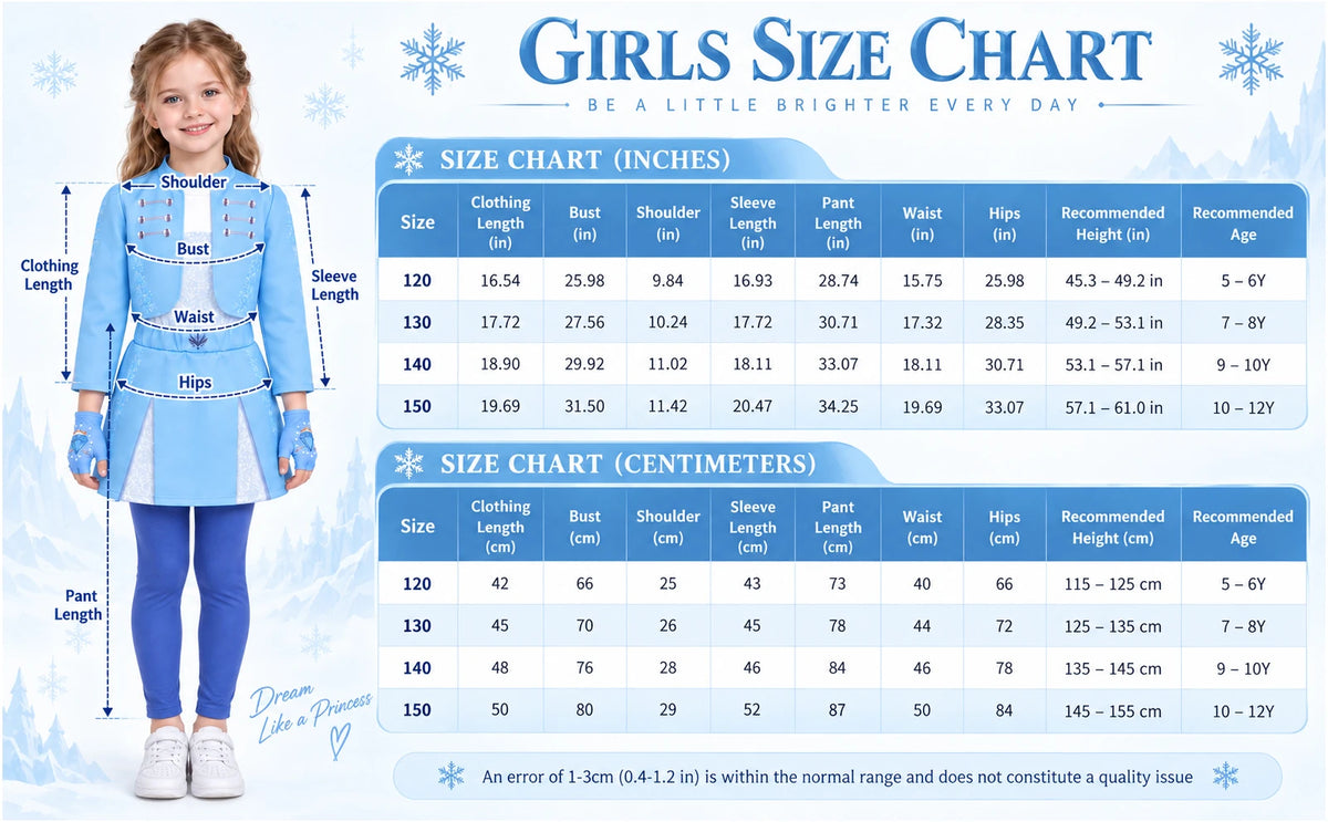 Princess costume set size chart lists clothing and pants measurements with child height and age guidance for sizes 120 through 150.