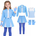 A child wears a blue princess costume set inspired by Descendants beside the jacket, top, skirted pants and gloves.