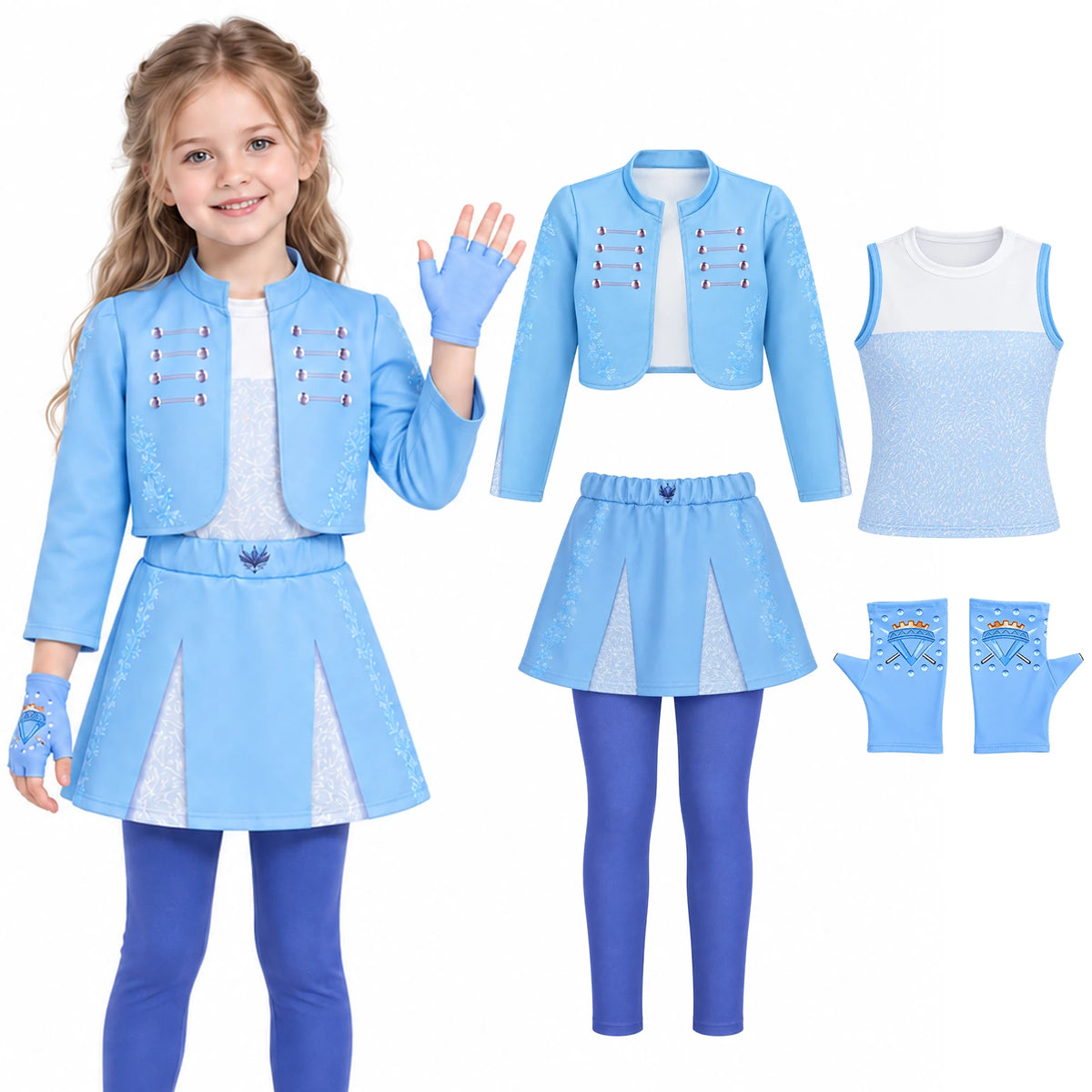 A child wears a blue princess costume set inspired by Descendants beside the jacket, top, skirted pants and gloves.