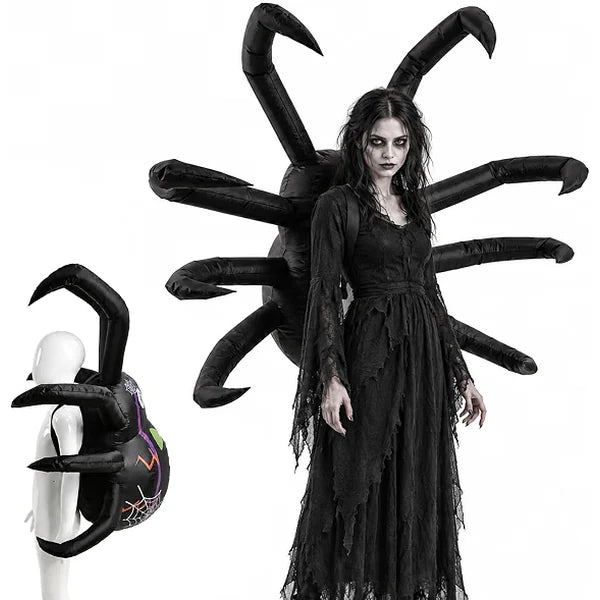 Gothic Halloween model wearing a black inflatable spider backpack costume with side view