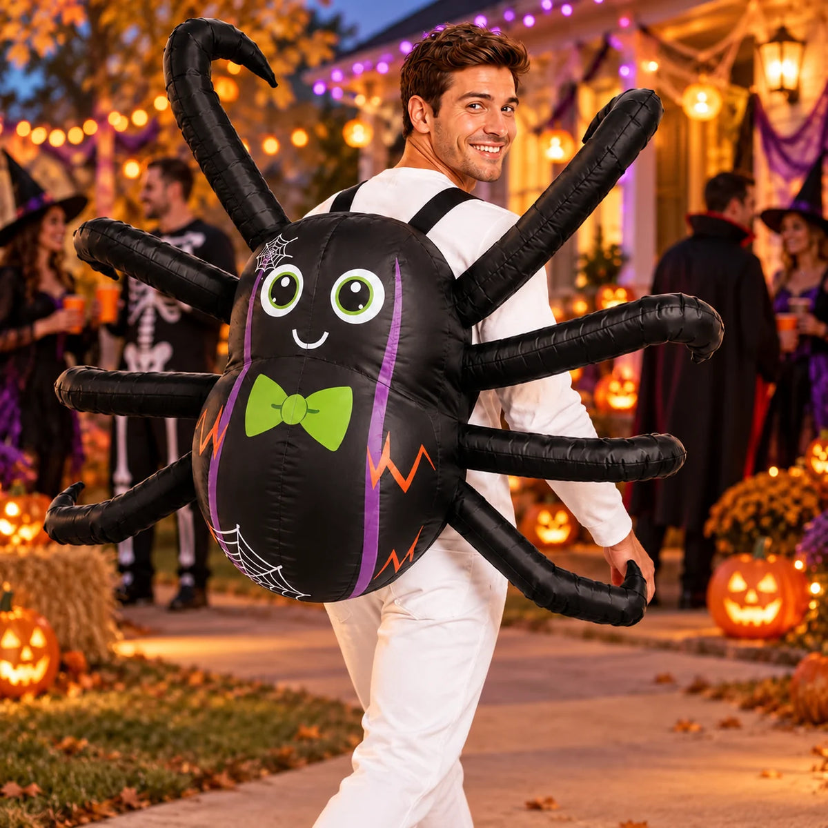 Adult wearing the Printed Face inflatable spider backpack costume with eight extended legs at an outdoor Halloween block party.