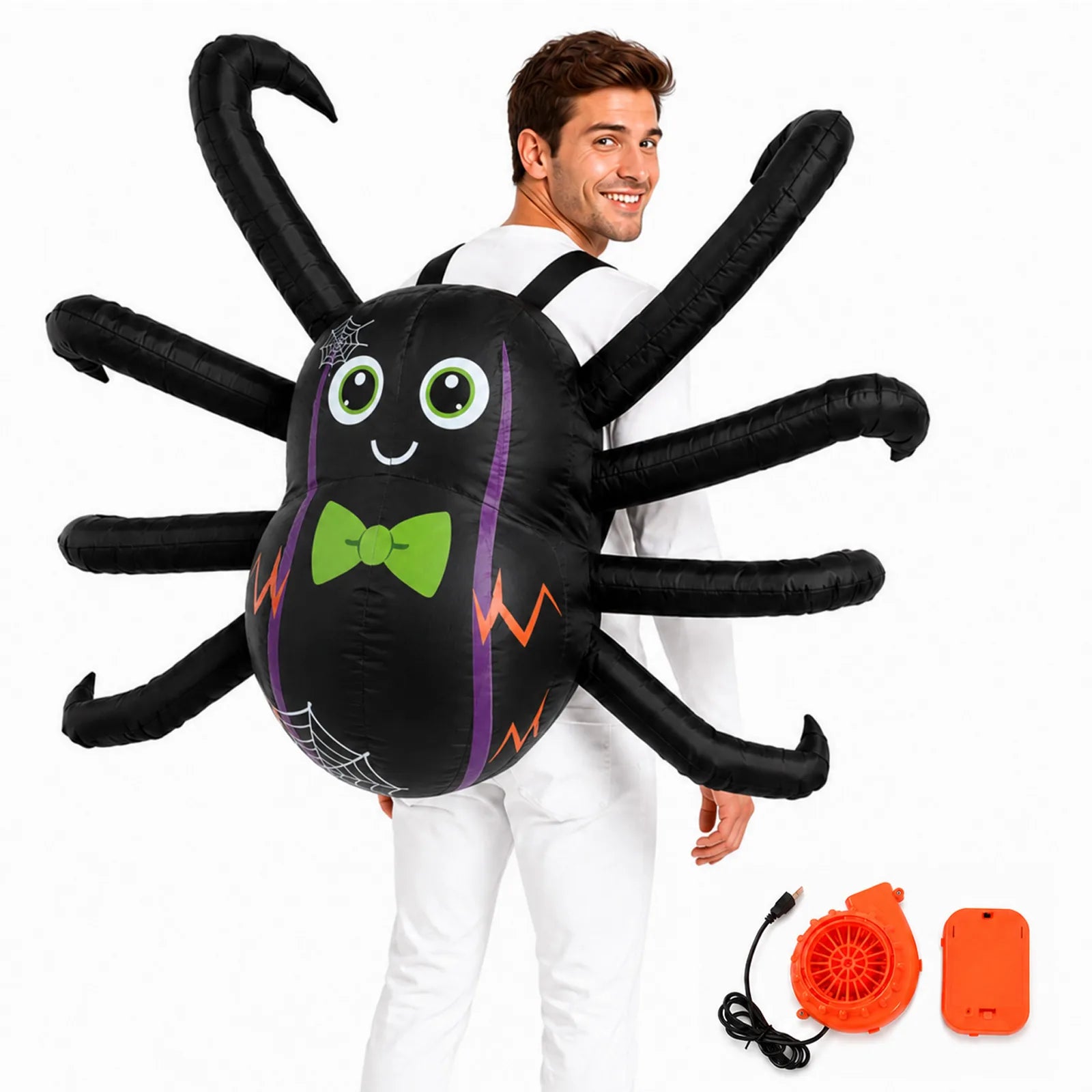 Adult wearing the Printed Face inflatable spider costume with the USB blower fan and battery pack displayed beside him.