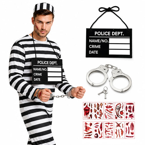 A costumed model holds toy handcuffs while the booking sign and scar tattoo sheets are shown beside him.