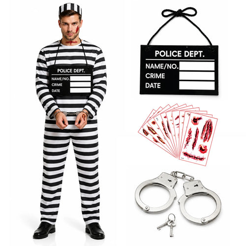 A prisoner costume accessory kit shown with booking sign, toy handcuffs, key, and scar tattoo sheets.