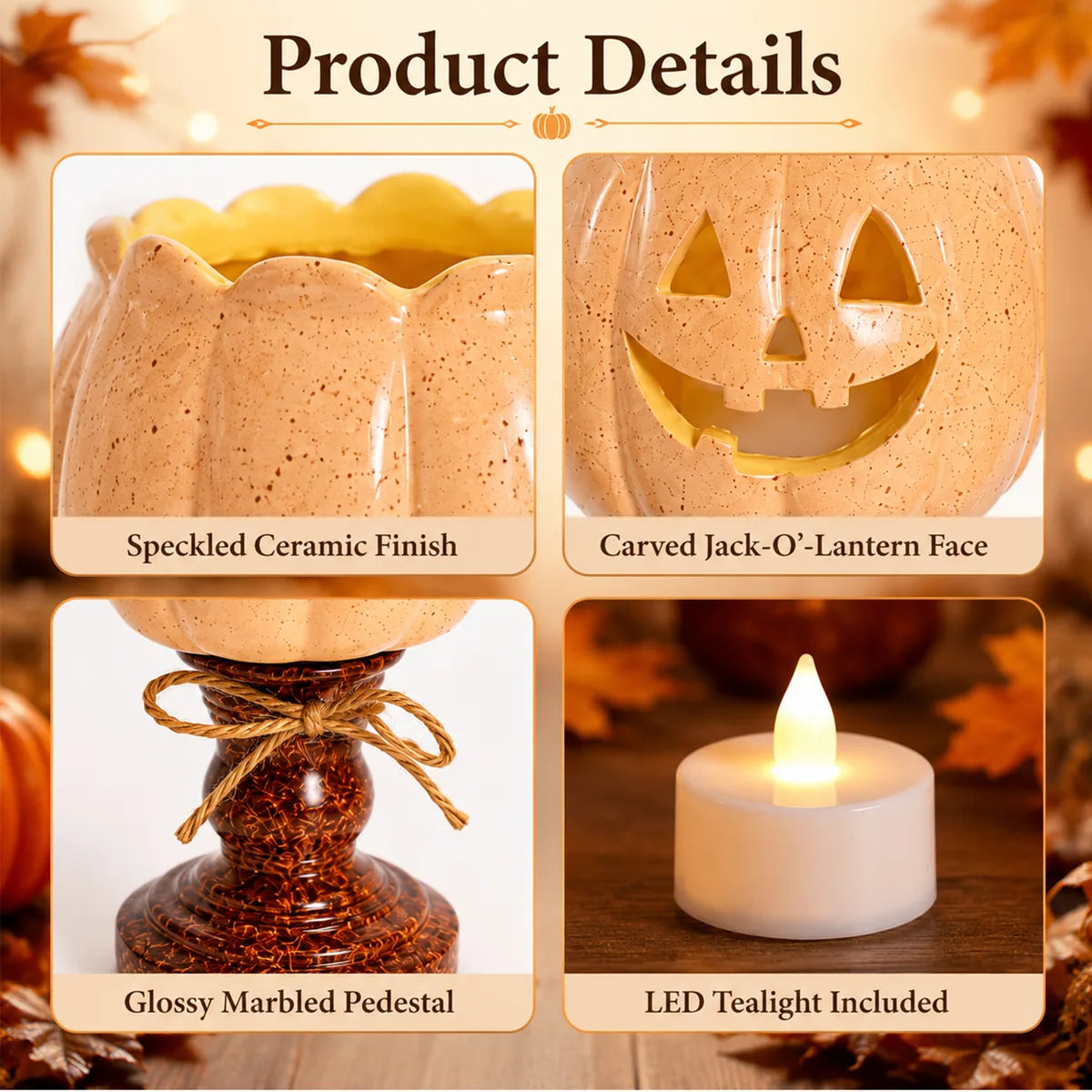 Close-up details of the pumpkin candle holder set, showing visible texture, color, and construction.