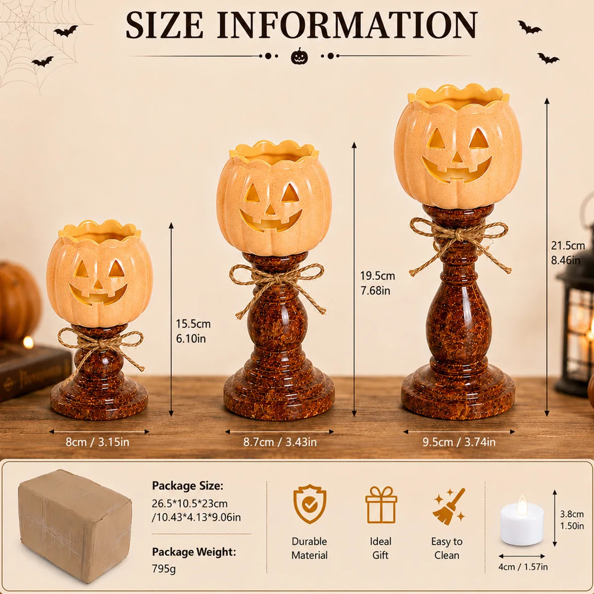 Dimension chart for the pumpkin candle holder set, showing the listed product measurements and scale.