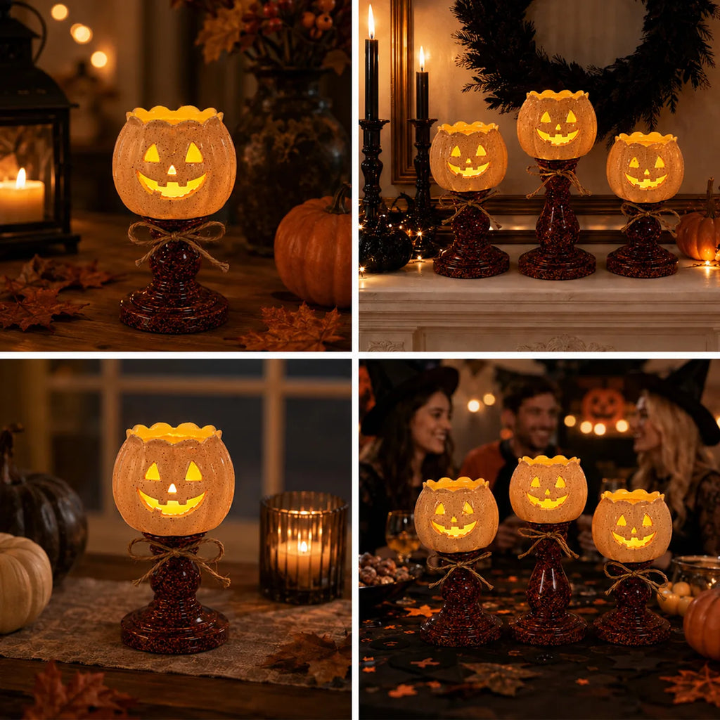 The pumpkin candle holder set shown across several styled Halloween and event display scenes.